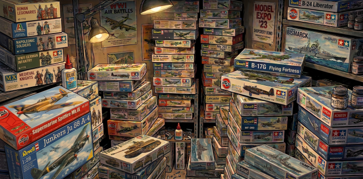 Stacks of World War II airplane model kits, glue bottles, and a lit desk lamp